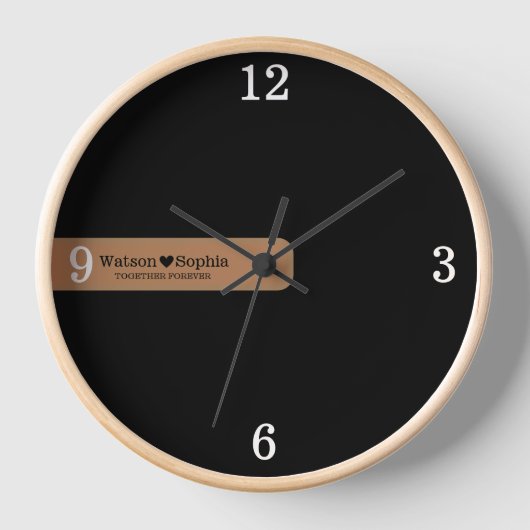 モダンな結婚式のカスタマイズされた新婦新郎名前 ブラック 壁時計 (正面)