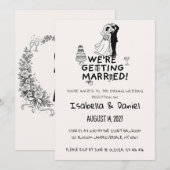 モダンな結婚式のカップル スケッチ モノクロ 招待状 (正面/裏面)