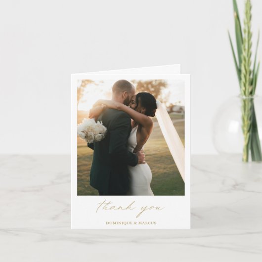モダンな結婚式のゴールド カリグラフィー写真 サンキューカード (正面)