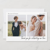 モダンな結婚式のスクリプト 2枚の写真入り御礼カード サンキューカード (正面)