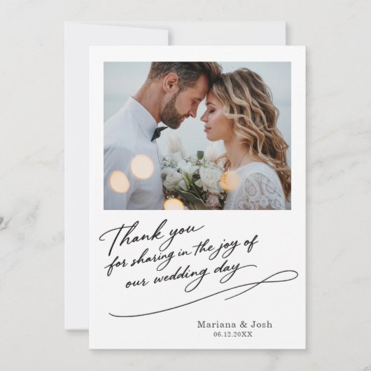 モダンな結婚式のスクリプト 2枚の写真 サンクスカード サンキューカード (正面)