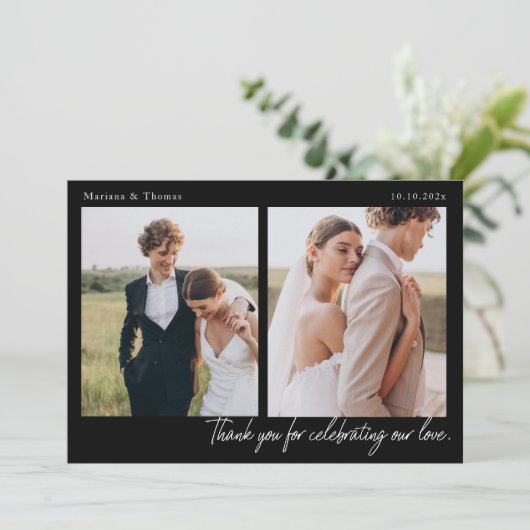 モダンな結婚式のスクリプト 2枚の写真 サンクスカード サンキューカード (スタンド正面)