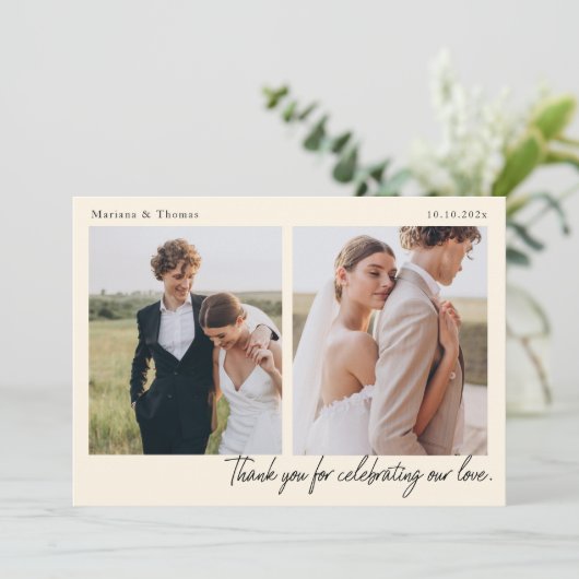 モダンな結婚式のスクリプト 2枚の写真 サンクスカード サンキューカード (スタンド正面)