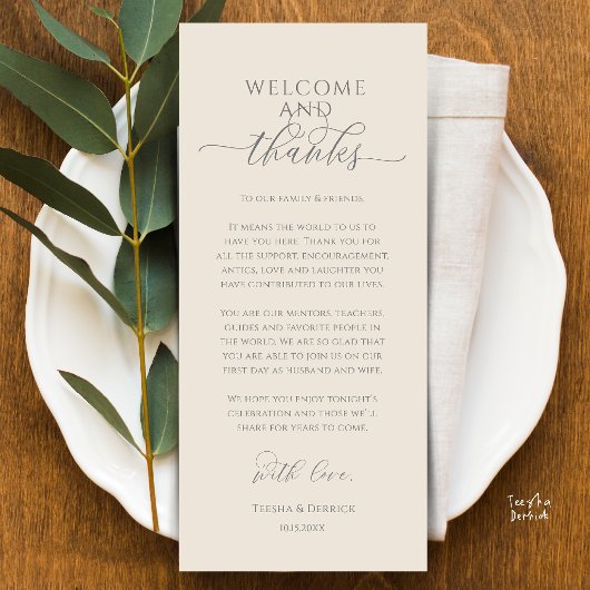 モダンな結婚式のディナー席札のお礼カード プログラム