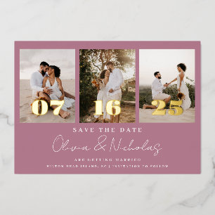 モダンな結婚式のフォトコラージュ マーブルのSave The Date 箔招待状