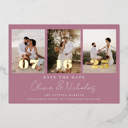 モダンな結婚式のフォトコラージュ マーブルのSave The Date 箔招待状 (正面)