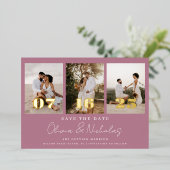 モダンな結婚式のフォトコラージュ マーブルのSave The Date 箔招待状 (立ち正面)