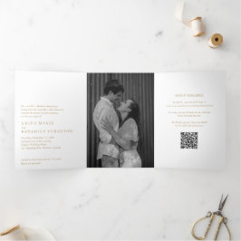 モダンな結婚式のミニマリストゴールドQRコード写真 三つ折り招待状