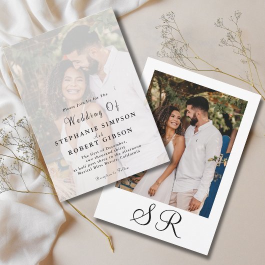 モダンな結婚式のモノグラム シンプルな写真オーバーレイ 招待状