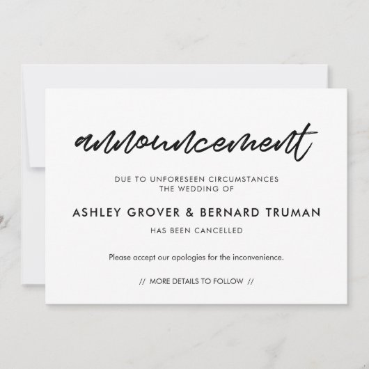 モダンな結婚式の中止のお知らせカード 招待状 (正面)