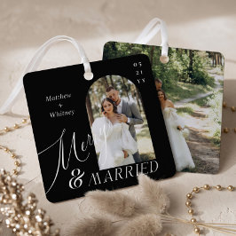 モダンな結婚式の写真入り「Merry & Married Script」デザイン メタルオーナメント