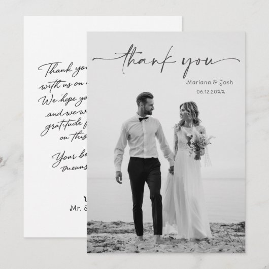 モダンな結婚式の写真 サンクスカード シンプルな筆記体 サンキューカード (正面/裏面)
