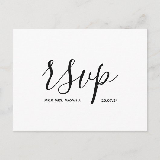 モダンな結婚式の出欠確認カード　ブラック＆ホワイトのスクリプト 案内ポストカード (正面)