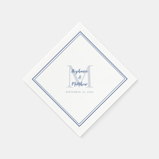 モダンな結婚式の名前と日付のモノグラム ブルー スタンダードカクテルナプキン (角)