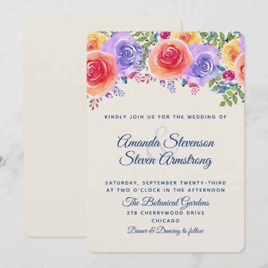 モダンな結婚式の水彩花束 招待状 (正面/裏面)