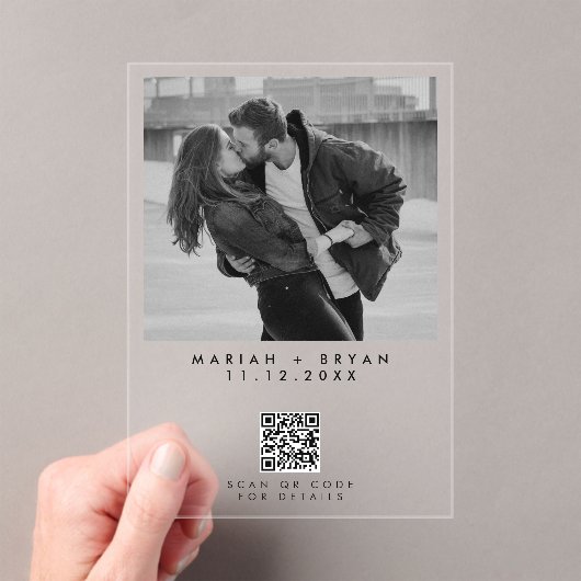 モダンな結婚式の白黒写真QRコード アクリル招待状 (インサイチュ (ポータブル))