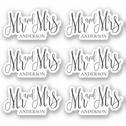 モダンな結婚式の筆記体デザイン Mr. & Mrs. 黒と白 シール (正面)