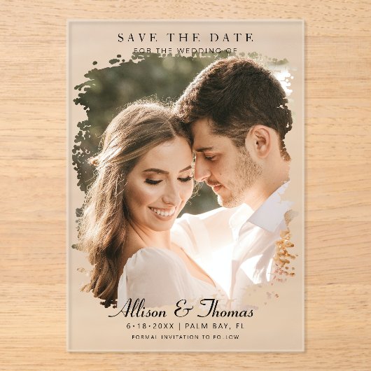 モダンな結婚式の記念日フォトスタイリッシュなウェディング アクリル招待状 (正面)