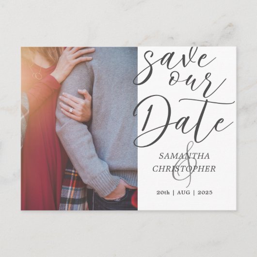 モダンな結婚式の記念日フォトスタイリッシュスクリプト ウェディング 案内ポストカード (正面)