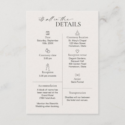 モダンな結婚式の詳細カード（Taupe） アイコン付き エンクロージャーカード (正面)