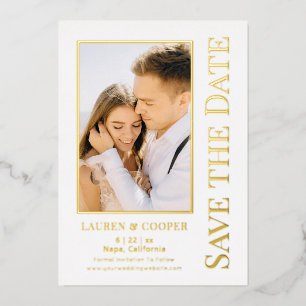 モダンな結婚式の高級感あふれるゴールドの「Save The Date」 箔招待状