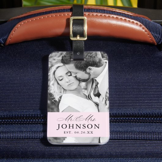 モダンな結婚式のMr & Mrs カスタムフォト荷札 ラゲッジタグ (正面インサイチュ2)