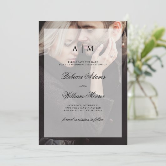 モダンな結婚式のSave the Date | オーバーレイ付き写真 セーブザデート (スタンド正面)