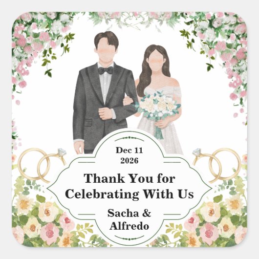 モダンな結婚式ステッカー | 幸せな未来を願って スクエアシール (正面)