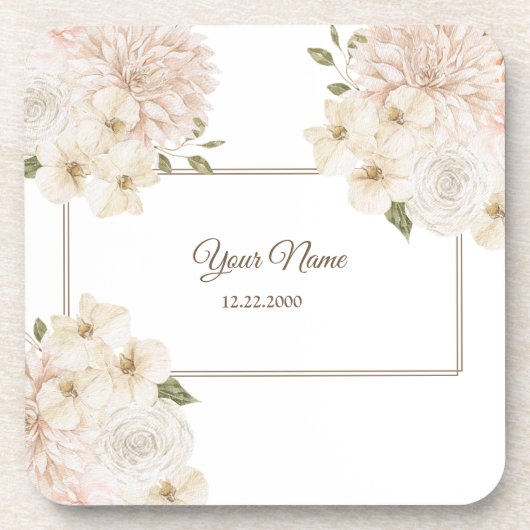 モダンな結婚式パーティーの白とピンクの花のフレーム コースター (正面)