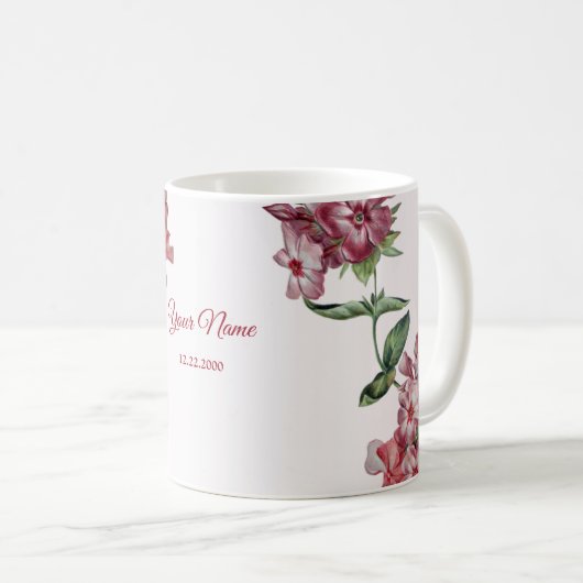 モダンな結婚式パーティーの赤いピンクの花と緑の葉 コーヒーマグカップ (正面右)