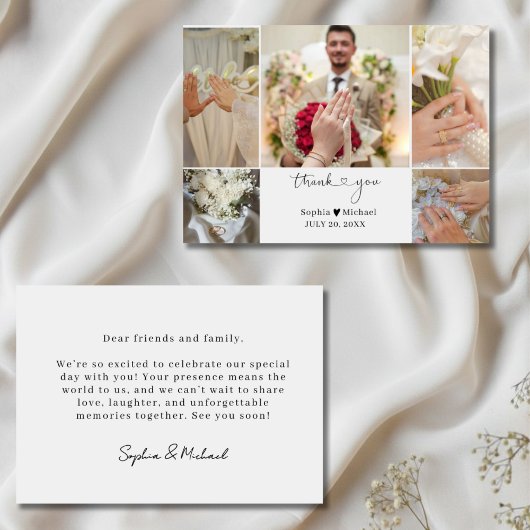 モダンな結婚式フォトコラージュの御礼カード サンキューカード