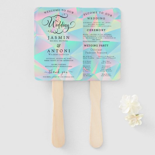モダンな結婚式プログラムファン付き ハンドファン (正面&裏面)