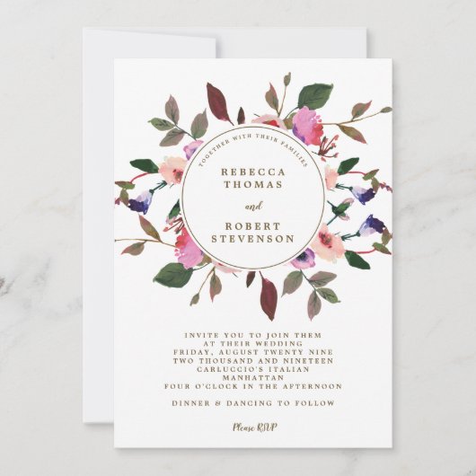 モダンな結婚式招待状のピンクの紫色の花模様 招待状 (正面)
