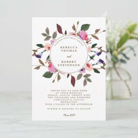 モダンな結婚式招待状のピンクの紫色の花模様 招待状 (スタンド正面)