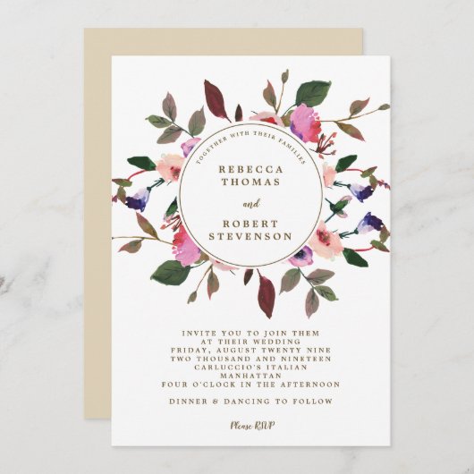 モダンな結婚式招待状のピンクの紫色の花模様 招待状 (正面/裏面)