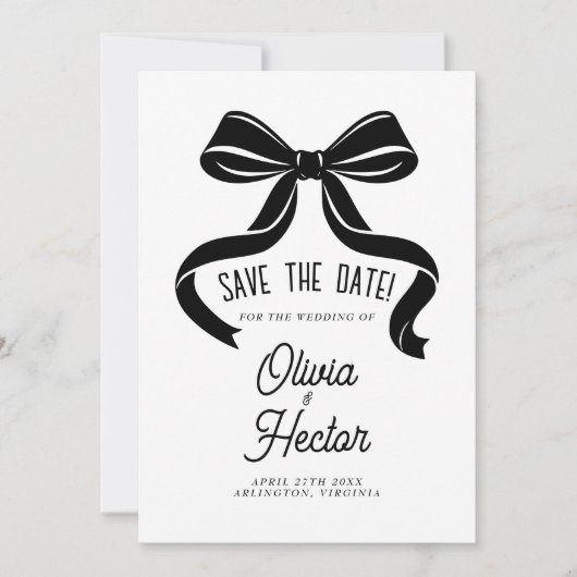 モダンな結婚式 ブラックボウのSave the Date 招待状 (正面)