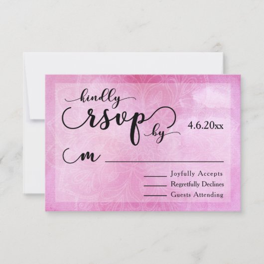 モダンな結婚式RSVP 深いピンクの水彩マンダラデザイン 出欠カード (正面)