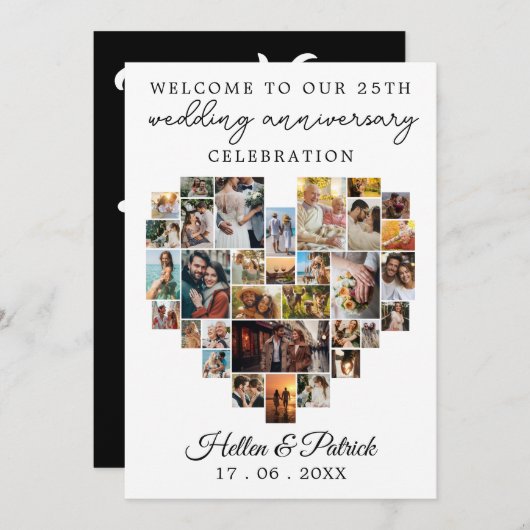 モダンな結婚記念日のハート写真コラージュ 招待状 (正面/裏面)