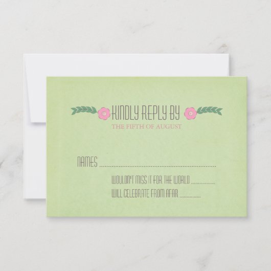 モダンな緑とピンクの花柄の結婚式出欠確認カード 出欠カード (正面)