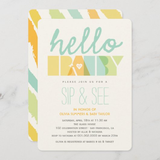 モダンな緑のこんにちは一口は及びベビーシャワーの招待を見ます 招待状 (正面/裏面)