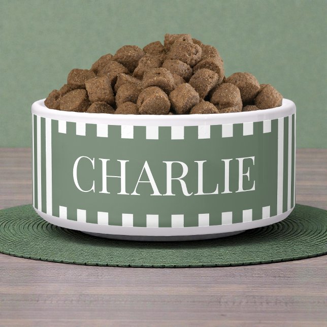 モダンな緑のストライプ柄のオーダーメイド犬グッズ ボウル (Modern Green Stripes Pattern Personalized Dog Pet Bowl)