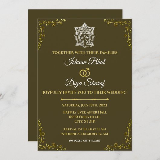 モダンな緑のヒンズー教のガネーシャ・ガンパティ招待カード 招待状 (正面/裏面)