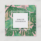 モダンな緑の熱帯水彩画の葉の赤面 スクエア名刺 (正面)