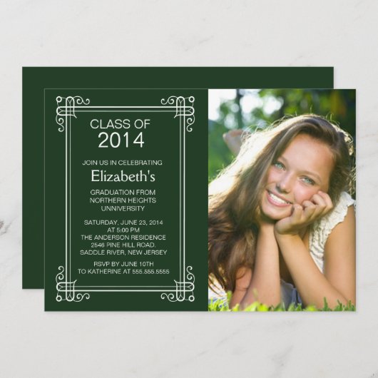 モダンな緑の白い写真の卒業パーティーの招待 招待状 (正面/裏面)