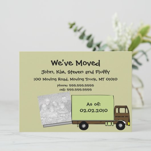 モダンな緑の移動発表の写真カード 案内状 (スタンド正面)