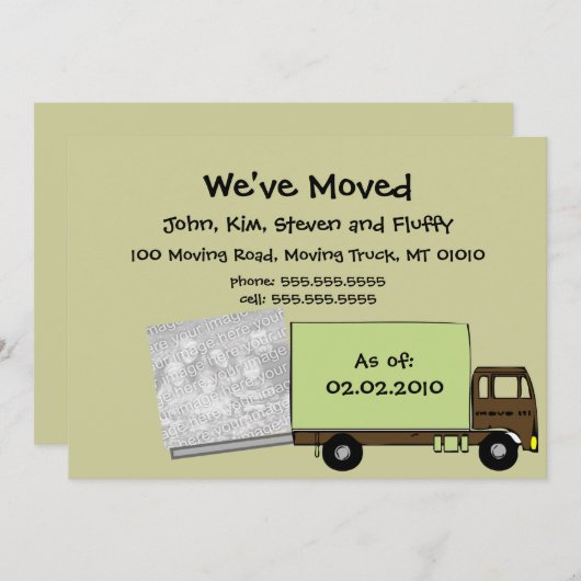 モダンな緑の移動発表の写真カード 案内状 (正面/裏面)