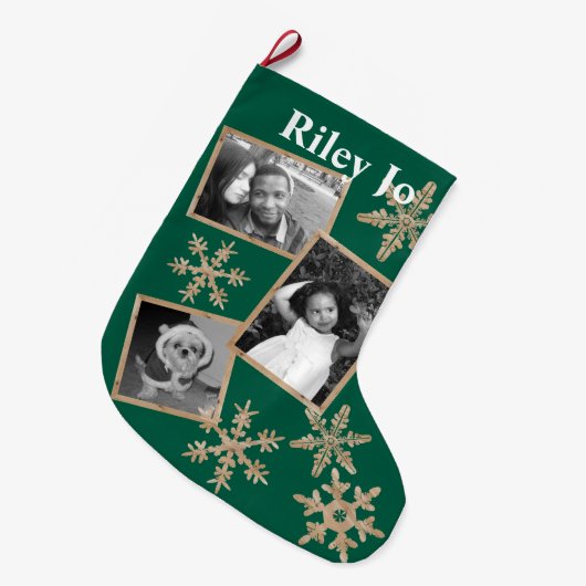モダンな緑の素朴な雪片の任意名前 ラージクリスマスストッキング (正面 (吊り時))