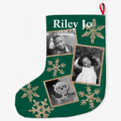 モダンな緑の素朴な雪片の任意名前 ラージクリスマスストッキング (裏面)