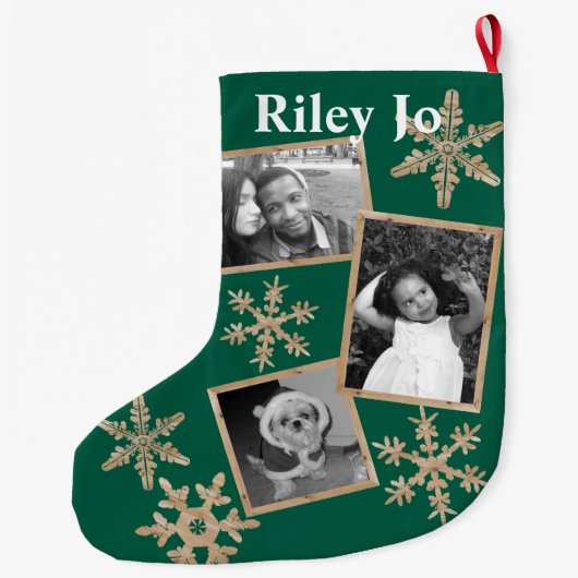モダンな緑の素朴な雪片の任意名前 ラージクリスマスストッキング (裏面)