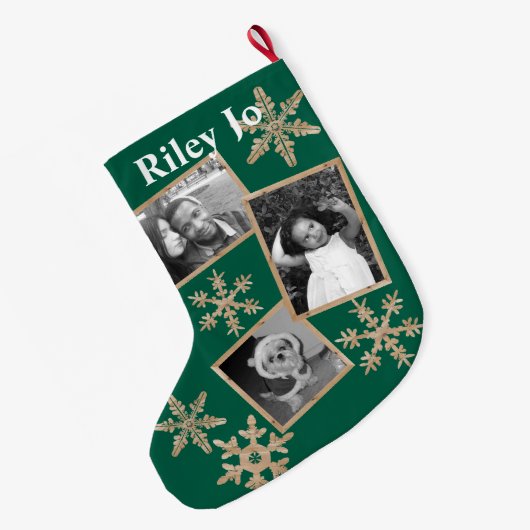 モダンな緑の素朴な雪片の任意名前 ラージクリスマスストッキング (裏面 (吊り時))